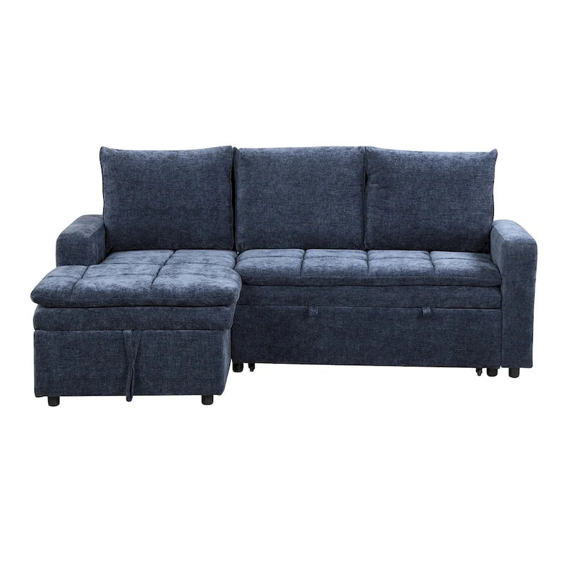 Canapé d'angle convertible bleu en L avec rangement, tissu doux en chenille