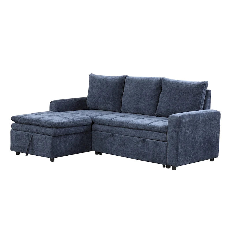 Canapé d'angle convertible bleu en L avec rangement, tissu doux en chenille
