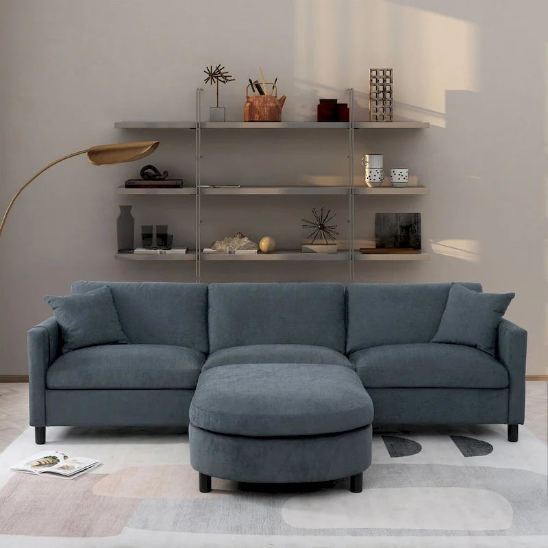107.87 Divano componibile con pouf, cuscini sfoderabili e tasche sui braccioli, grigio scuro