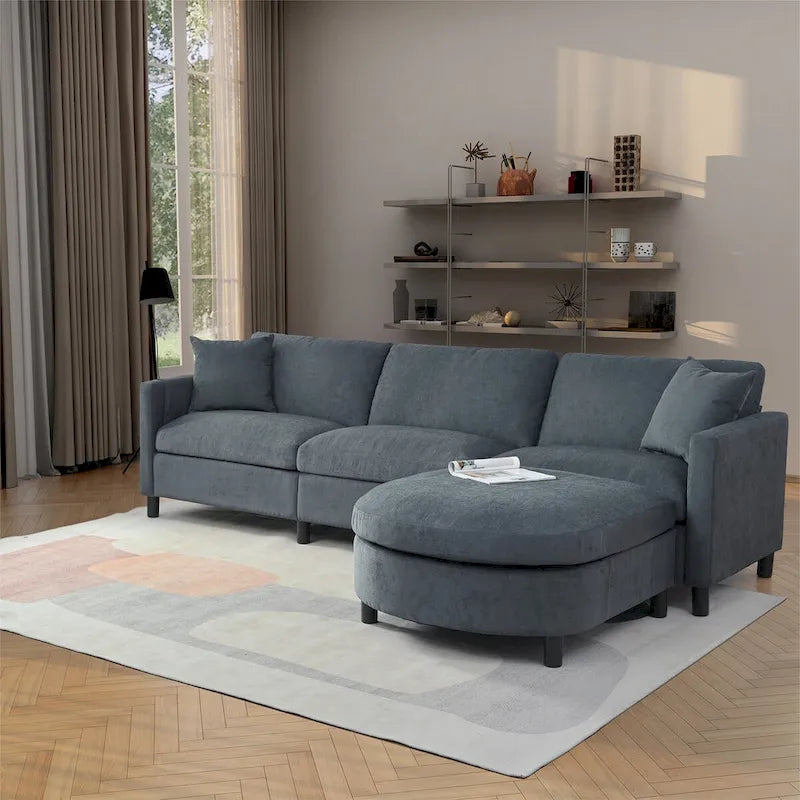 107.87 Divano componibile con pouf, cuscini sfoderabili e tasche sui braccioli, grigio scuro