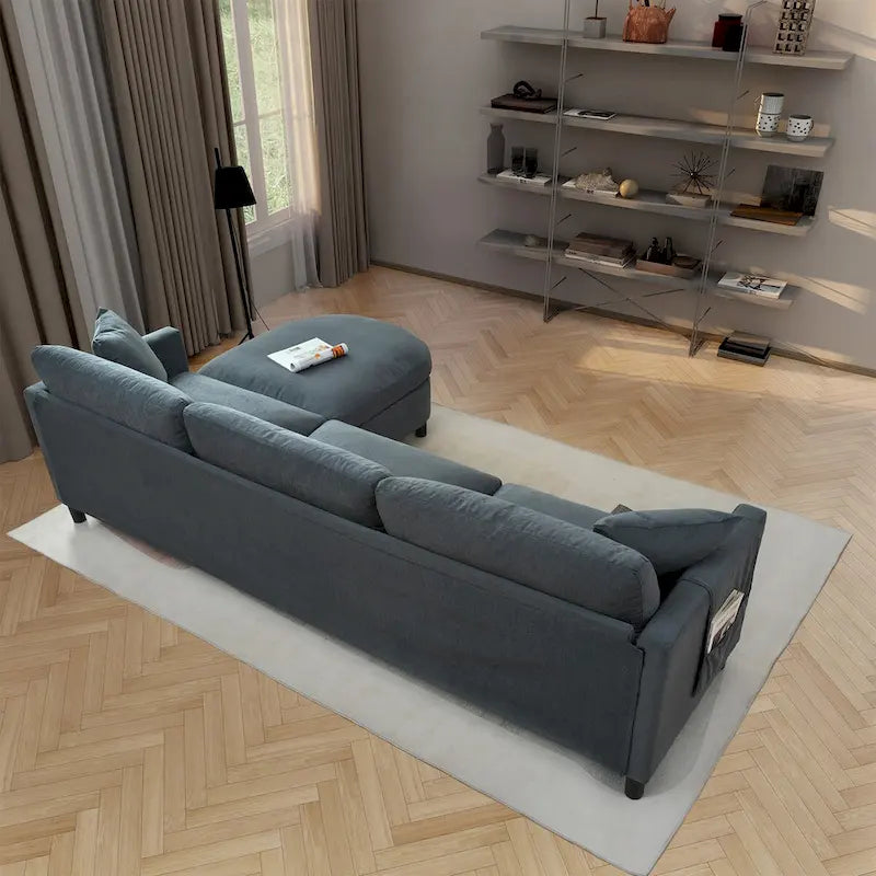 107.87 Divano componibile con pouf, cuscini sfoderabili e tasche sui braccioli, grigio scuro