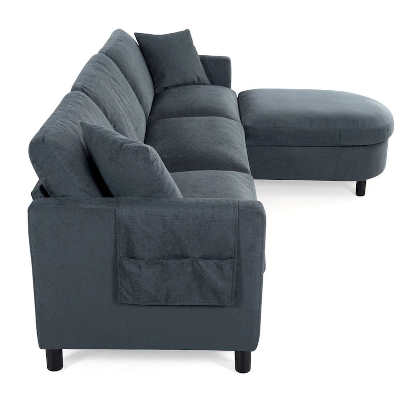 107.87 Divano componibile con pouf, cuscini sfoderabili e tasche sui braccioli, grigio scuro