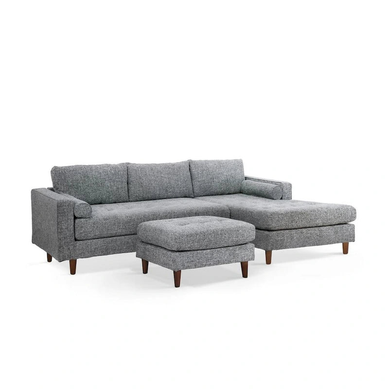 Ryle 104 Inch Sectional Sofa with Chaise and Ottoman, 2 Pillows, Gray Woven