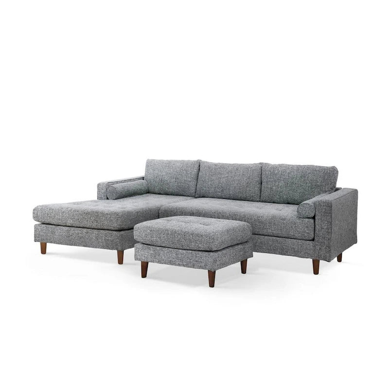Divano sezionale Ryle 104 pollici con chaise longue e pouf, 2 cuscini, tessuto grigio
