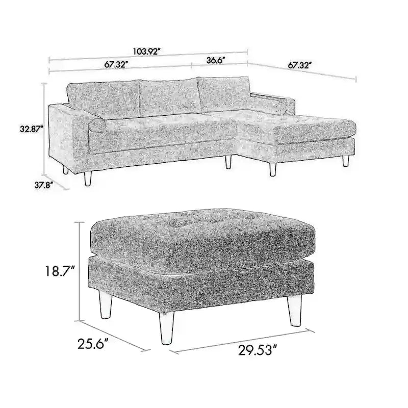 Divano sezionale Ryle 104 pollici con chaise longue e pouf, 2 cuscini, tessuto grigio