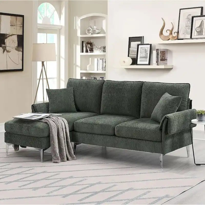 Divano Sezionale Convertibile a L, Divano in ciniglia con Chaise Longue Reversibile per Soggiorno, Appartamento