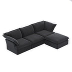 Canapé d'angle en lin avec plusieurs coussins et pouf de rangement