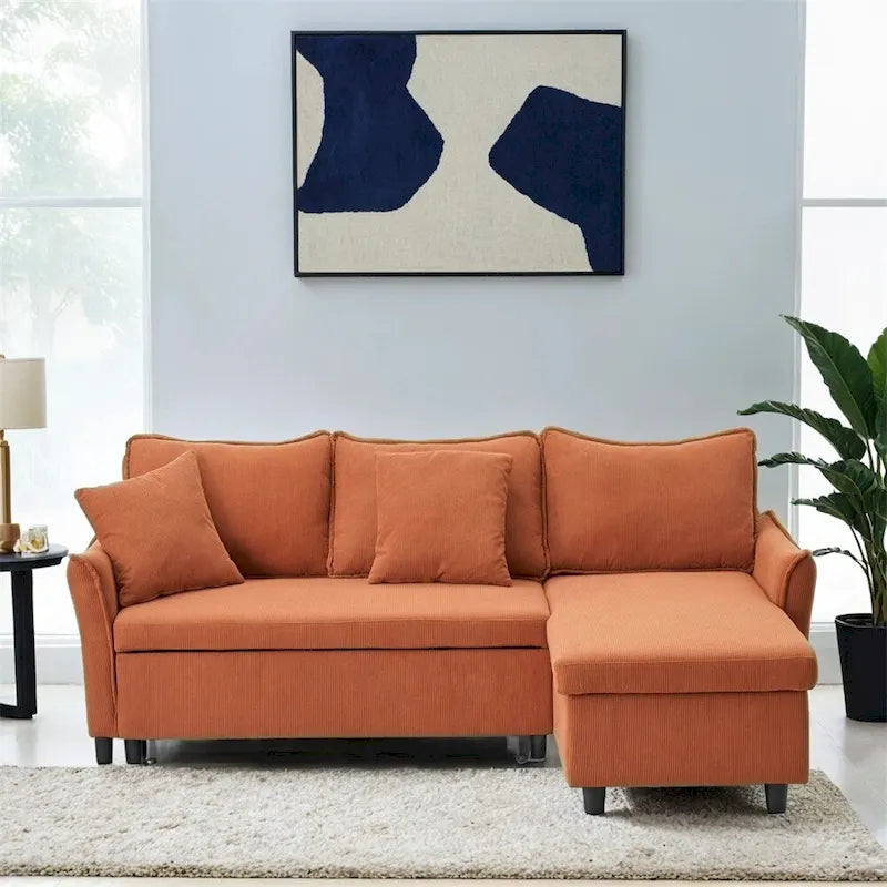 80 Corduroy L-Shaped Sofa Comes With Two Small Throw Pillows