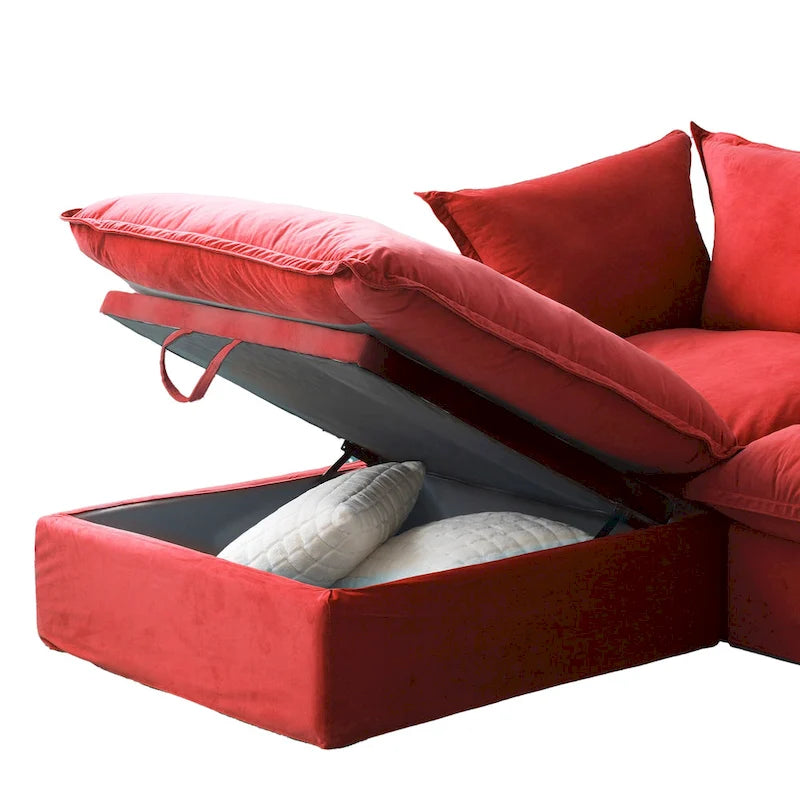 Divano componibile a U per soggiorno, divano componibile convertibile in velluto con pouf