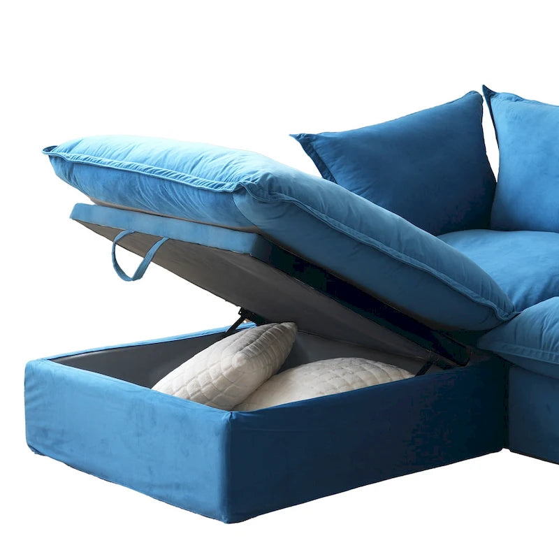 Divano componibile a U per soggiorno, divano componibile convertibile in velluto con pouf