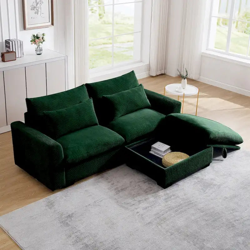 Divano Sezionale Comodo in Velluto a Coste con Cuscini e Braccioli Rotondi, Divano Letto in Velluto a Coste Profondo con Pouf Contenitore