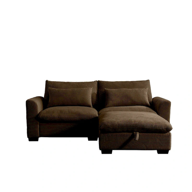 Divano Sezionale Comodo in Velluto a Coste con Cuscini e Braccioli Rotondi, Divano Letto in Velluto a Coste Profondo con Pouf Contenitore