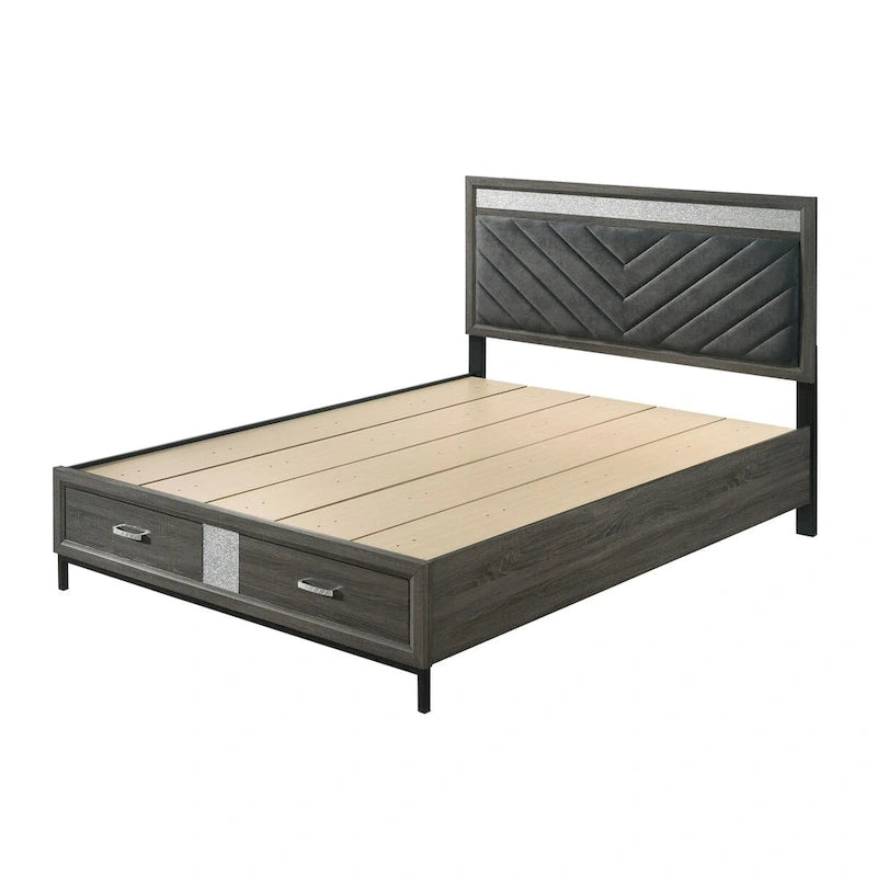 Letto a piattaforma moderno grigio con testiera Chevron e cassetti nella pediera