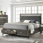 Letto a piattaforma moderno grigio con testiera Chevron e cassetti nella pediera
