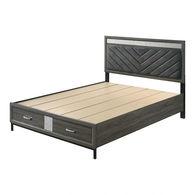 Letto a piattaforma moderno grigio con testiera Chevron e cassetti nella pediera