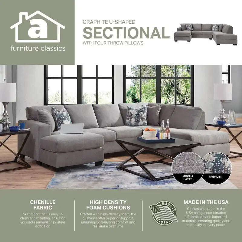 Sectionnel en U American Furniture Classics Graphite Modèle A414V6-K2 avec 4 coussins décoratifs