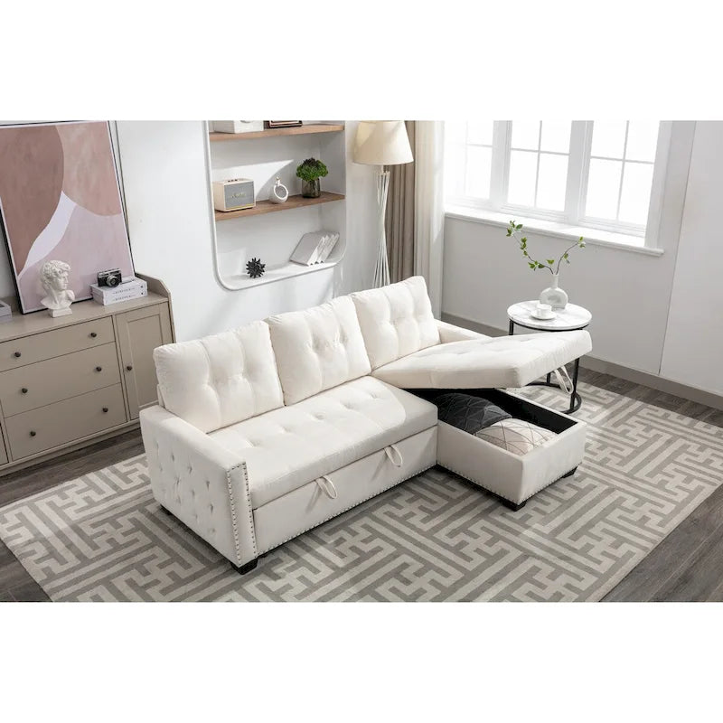 Divano letto angolare reversibile 77, a forma di L, 2 posti con chaise longue e contenitore per soggiorno