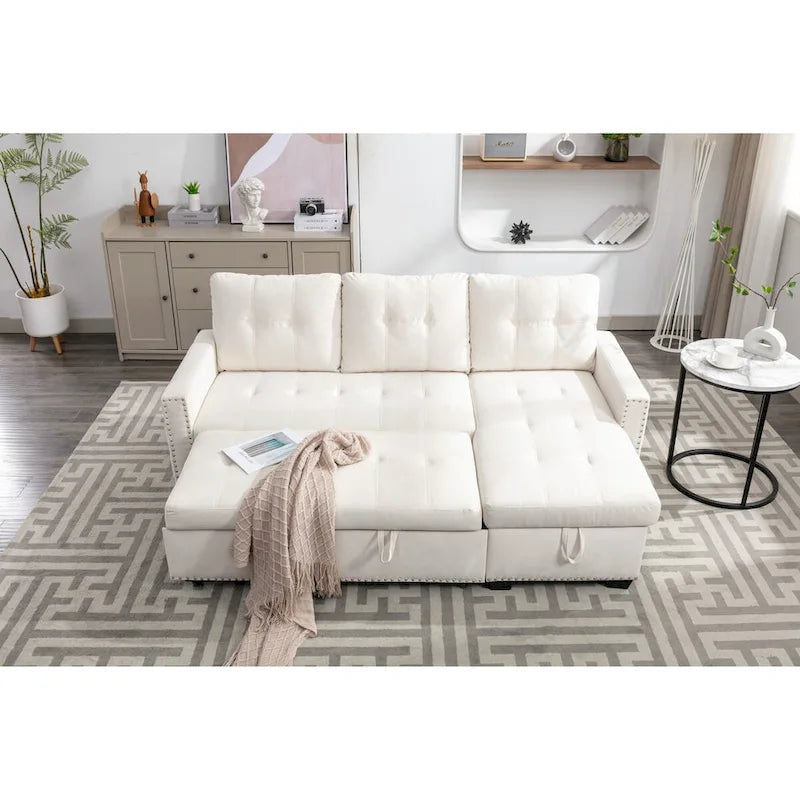 Divano letto angolare reversibile 77, a forma di L, 2 posti con chaise longue e contenitore per soggiorno