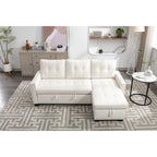 Divano letto angolare reversibile 77, a forma di L, 2 posti con chaise longue e contenitore per soggiorno