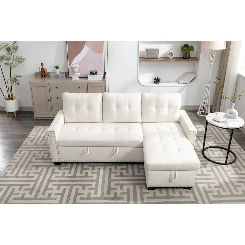 Divano letto angolare reversibile 77, a forma di L, 2 posti con chaise longue e contenitore per soggiorno