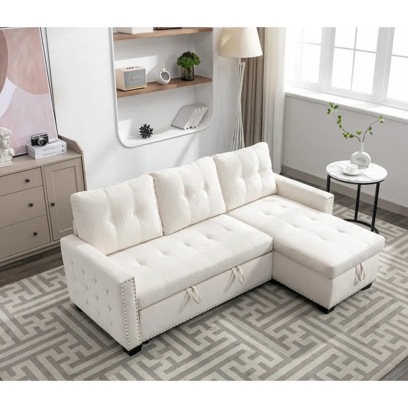 Divano letto angolare reversibile 77, a forma di L, 2 posti con chaise longue e contenitore per soggiorno