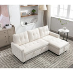 Divano letto angolare reversibile 77, a forma di L, 2 posti con chaise longue e contenitore per soggiorno