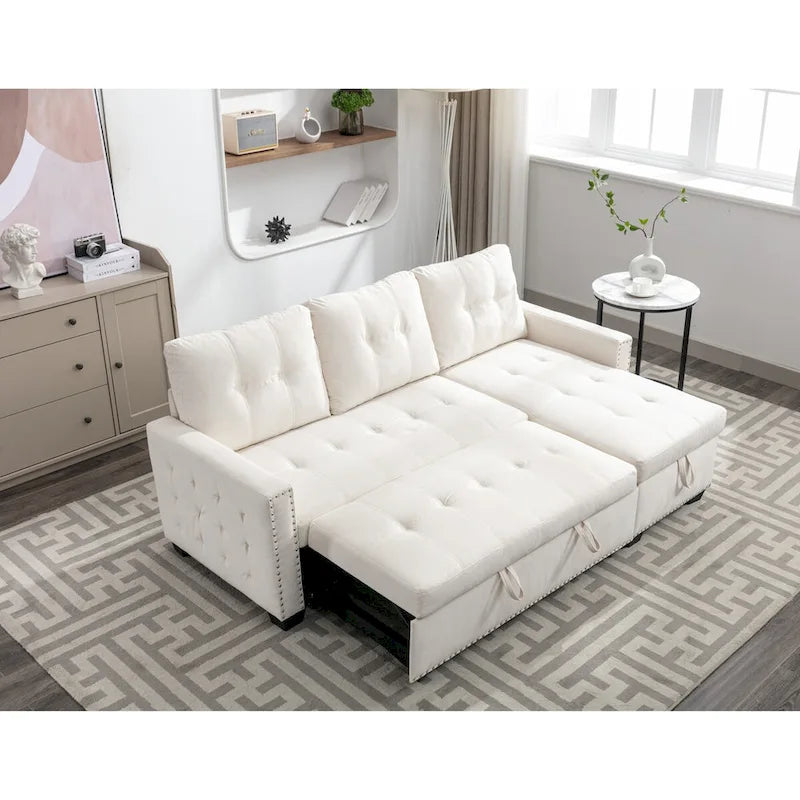 Divano letto angolare reversibile 77, a forma di L, 2 posti con chaise longue e contenitore per soggiorno