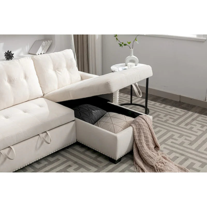 Divano letto angolare reversibile 77, a forma di L, 2 posti con chaise longue e contenitore per soggiorno