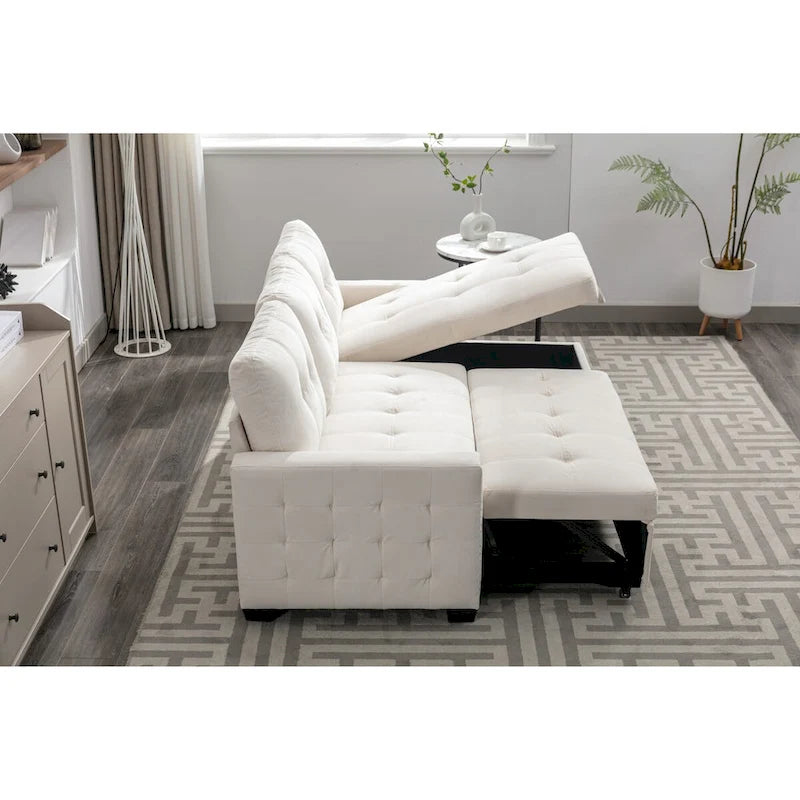 Divano letto angolare reversibile 77, a forma di L, 2 posti con chaise longue e contenitore per soggiorno