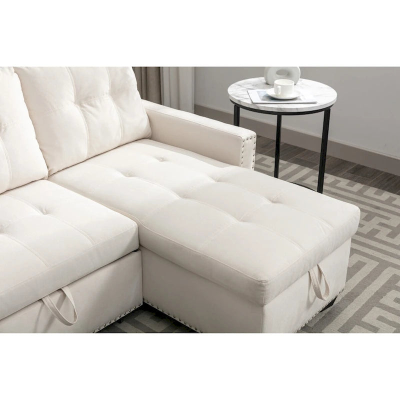Divano letto angolare reversibile 77, a forma di L, 2 posti con chaise longue e contenitore per soggiorno