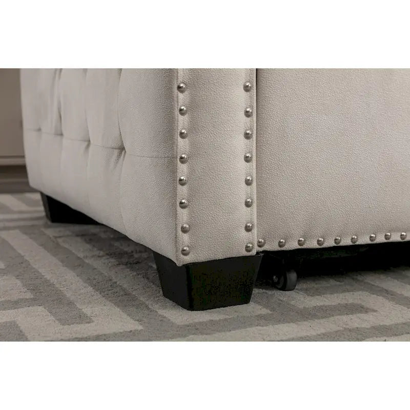 Divano letto angolare reversibile 77, a forma di L, 2 posti con chaise longue e contenitore per soggiorno