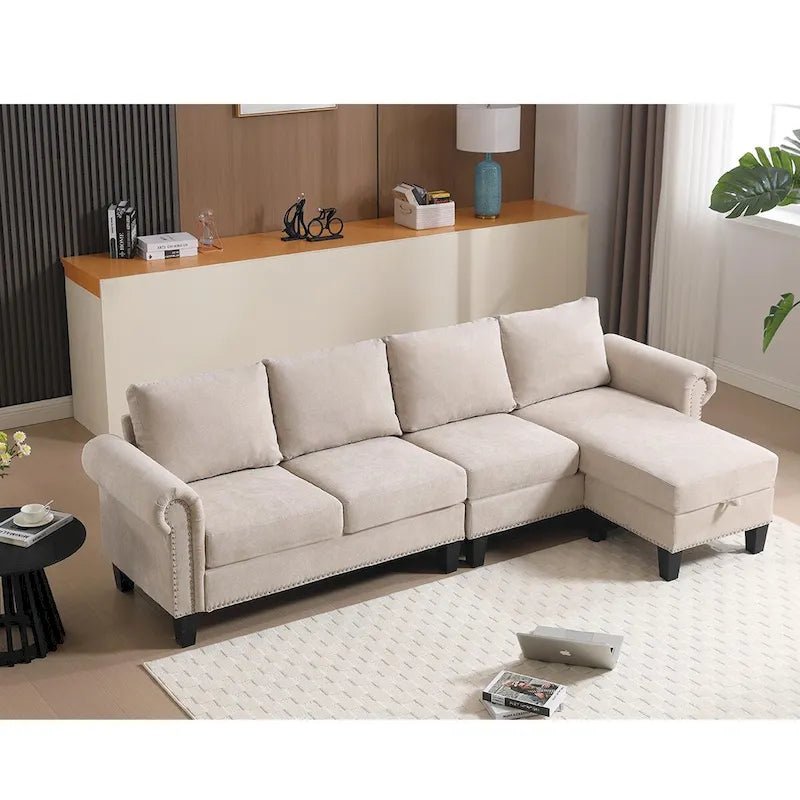 Divano componibile trasformabile con pouf contenitore, Divano a L, Beige, Design moderno
