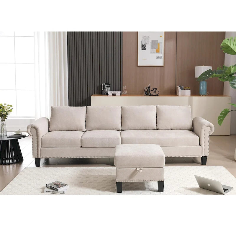 Divano componibile trasformabile con pouf contenitore, Divano a L, Beige, Design moderno
