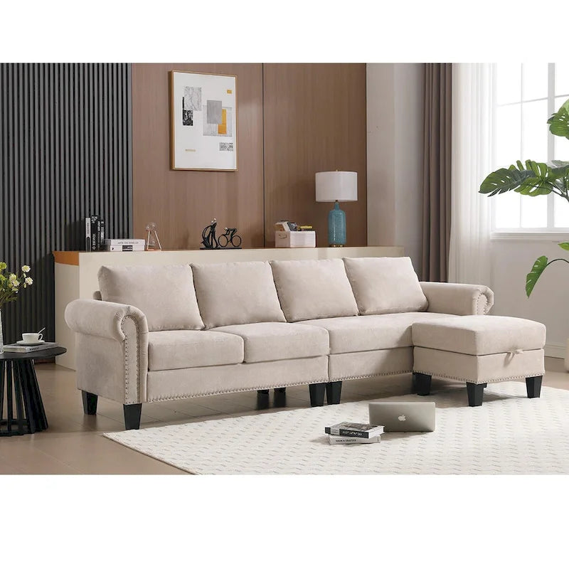 Divano componibile trasformabile con pouf contenitore, Divano a L, Beige, Design moderno