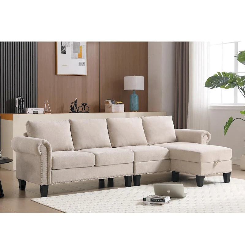 Divano componibile trasformabile con pouf contenitore, Divano a L, Beige, Design moderno