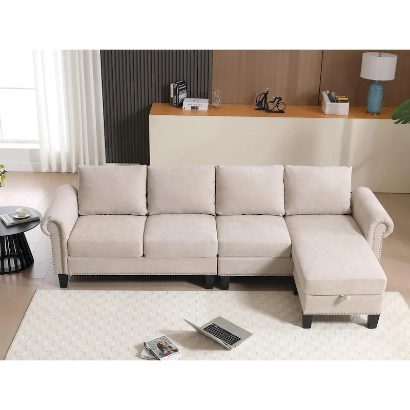 Divano componibile trasformabile con pouf contenitore, Divano a L, Beige, Design moderno