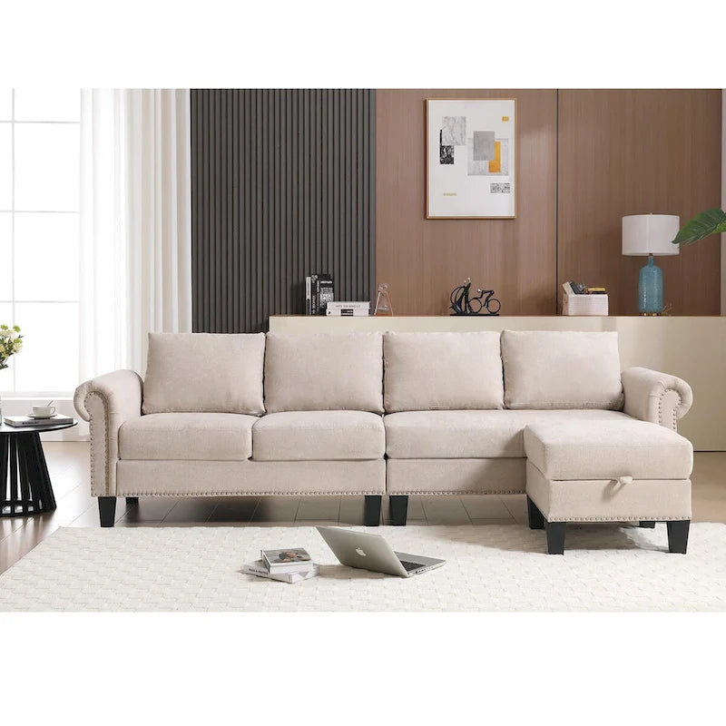 Divano componibile trasformabile con pouf contenitore, Divano a L, Beige, Design moderno