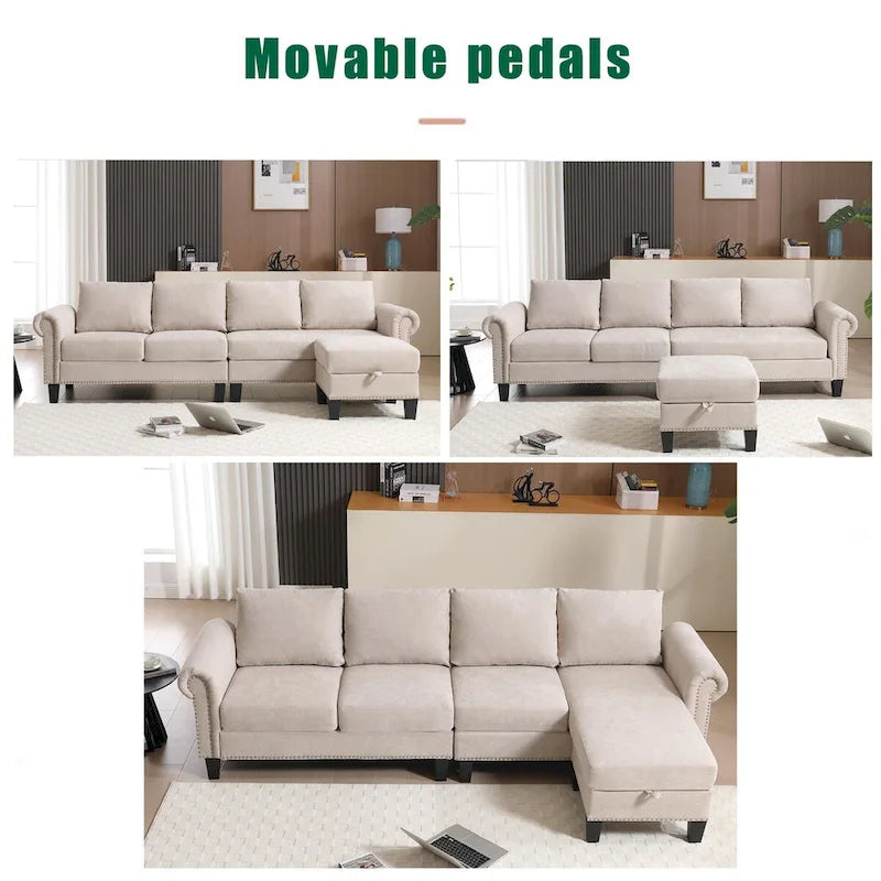Divano componibile trasformabile con pouf contenitore, Divano a L, Beige, Design moderno