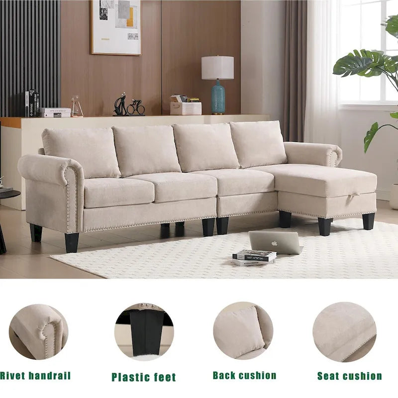 Divano componibile trasformabile con pouf contenitore, Divano a L, Beige, Design moderno