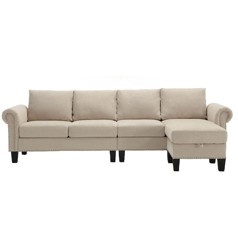 Divano componibile trasformabile con pouf contenitore, Divano a L, Beige, Design moderno