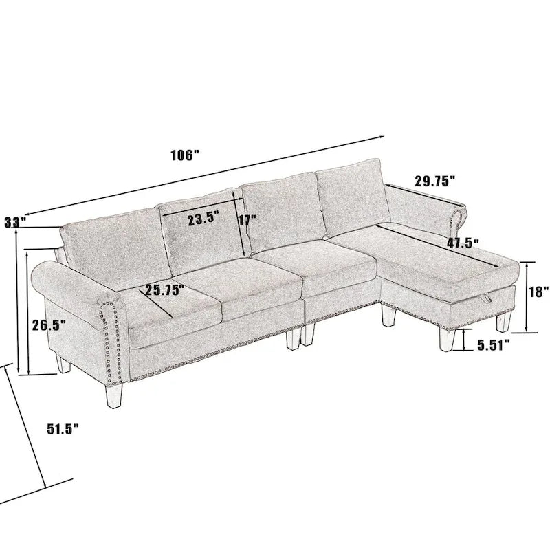 Divano componibile trasformabile con pouf contenitore, Divano a L, Beige, Design moderno