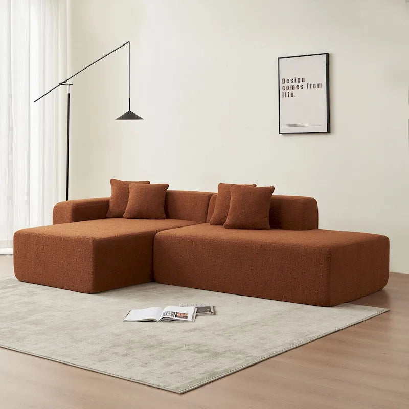 Divano Sezionale Angolare a 5 Posti, Tessuto Sherpa, Comfort Supremo, Arancione