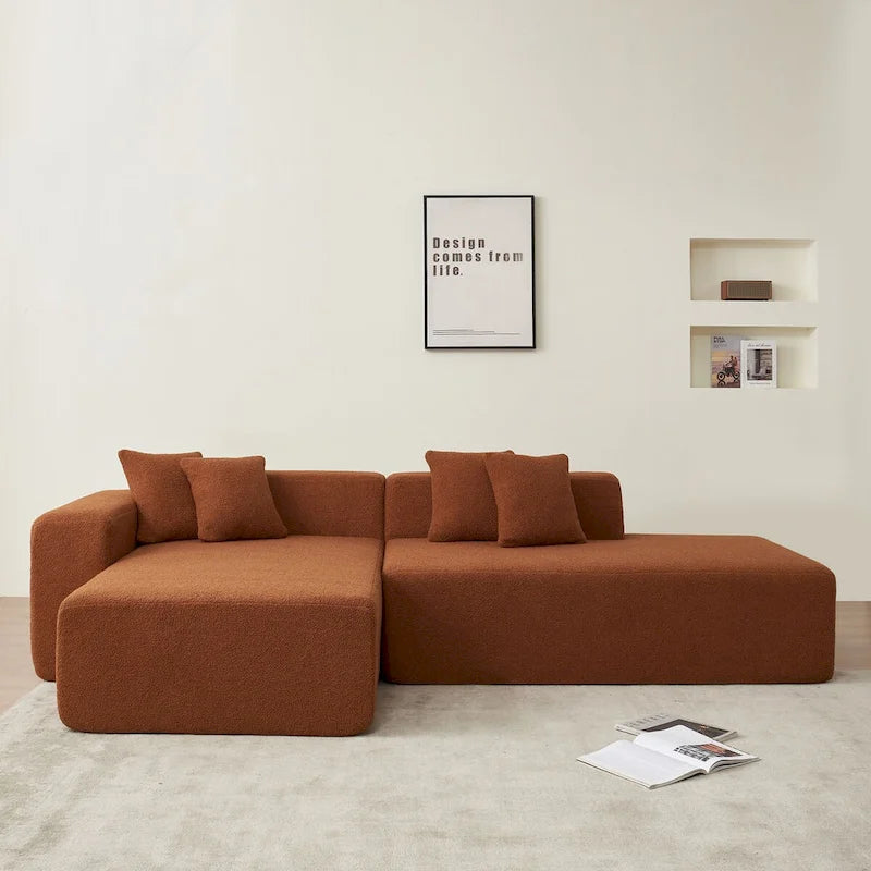 Divano Sezionale Angolare a 5 Posti, Tessuto Sherpa, Comfort Supremo, Arancione