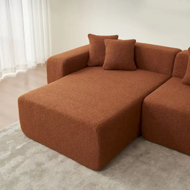 Divano Sezionale Angolare a 5 Posti, Tessuto Sherpa, Comfort Supremo, Arancione