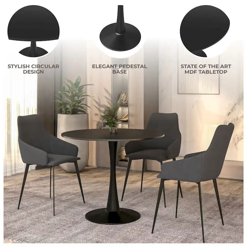 Tavolo da pranzo rotondo da 40" per 4 persone con piano in MDF e base in acciaio nero, per cucina e sala da pranzo