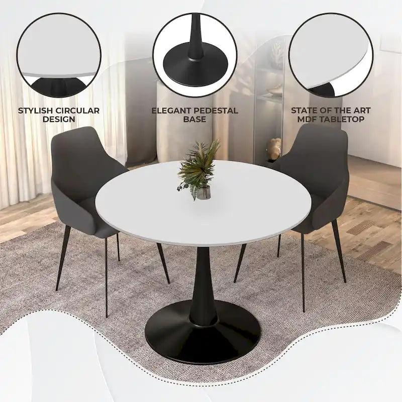 Tavolo da pranzo rotondo da 40" per 4 persone con piano in MDF e base in acciaio nero, per cucina e sala da pranzo