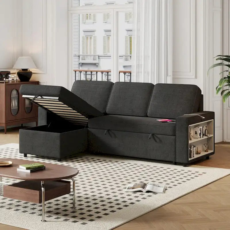 Divano letto estraibile Oaks Aura da 85,8 pollici, divano a L con porta USB, divano letto convertibile con ripiani contenitori