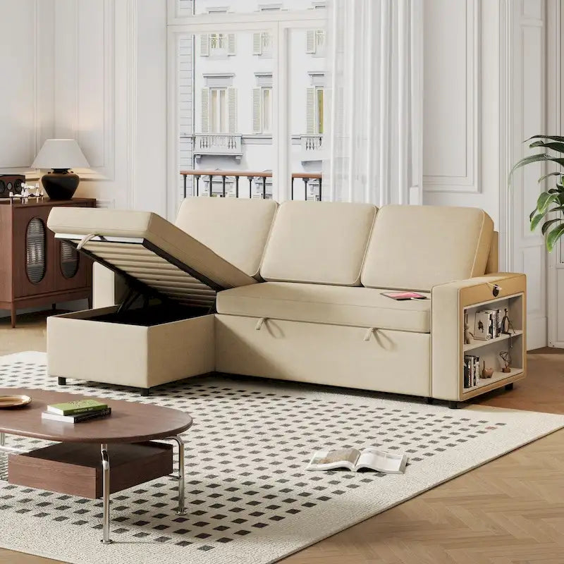 Divano letto estraibile Oaks Aura da 85,8 pollici, divano a L con porta USB, divano letto convertibile con ripiani contenitori