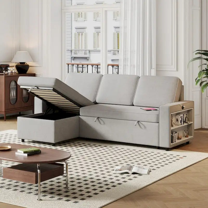 Divano letto estraibile Oaks Aura da 85,8 pollici, divano a L con porta USB, divano letto convertibile con ripiani contenitori