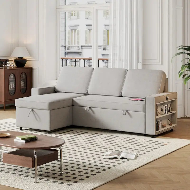 Divano letto estraibile Oaks Aura da 85,8 pollici, divano a L con porta USB, divano letto convertibile con ripiani contenitori